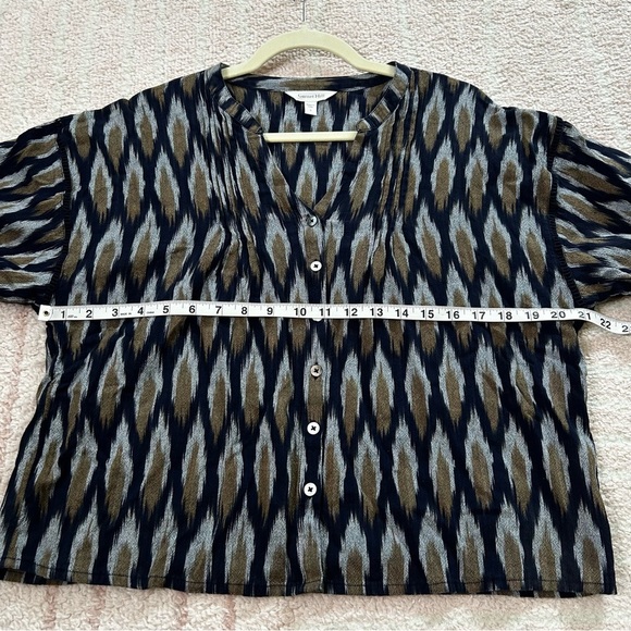 Garnet Hill Navy Tan Ikat Blouse Top 100% Cotton Puff Sleeve Size Small Fall - Picture 8 of 12